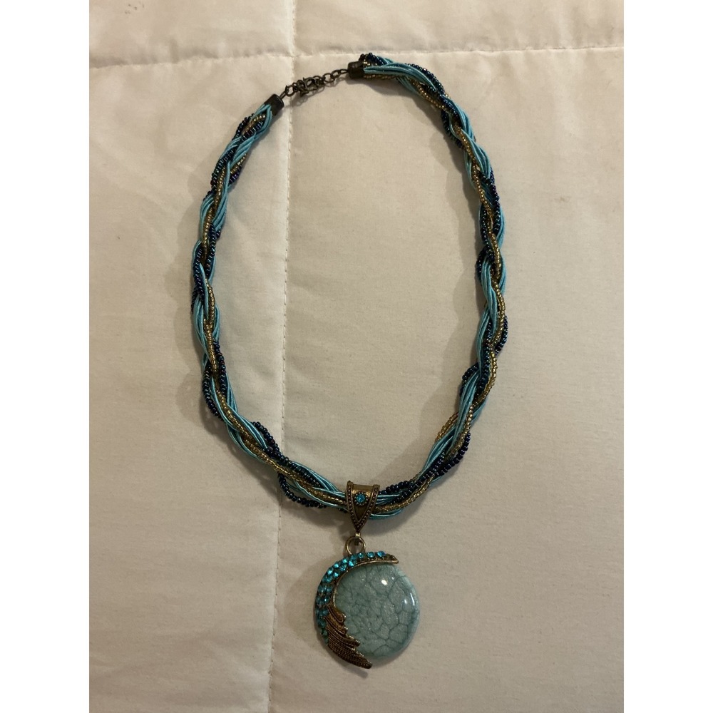 Boho Multi-Strand‎ Beaded Braided Necklace Blue Faux Stone Moon Pendant 19"